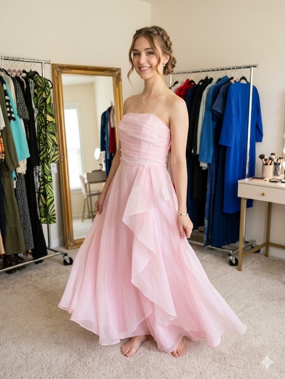 Macy's Light Pink Strapless Layered A-Line Gown